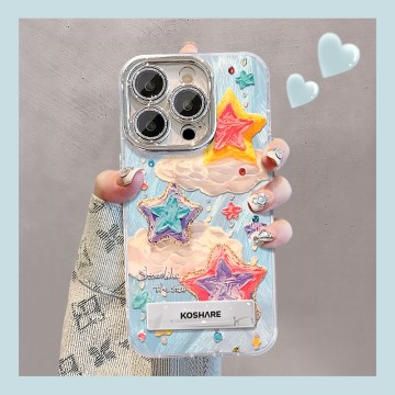 Oil painting heart bracelet suitable for Apple 13 feather gauze phone case 16promax with holder